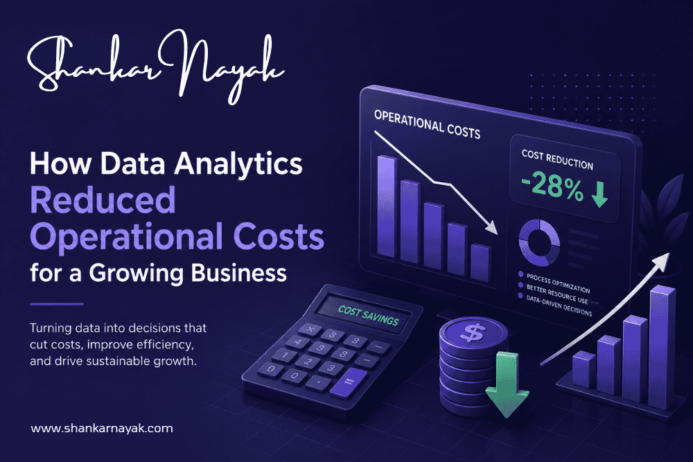 Data analytics dashboard visualizing operational cost reduction for a growing business, featuring performance charts, financial metrics, cost-saving indicators, and business intelligence insights on a modern purple-themed digital interface.